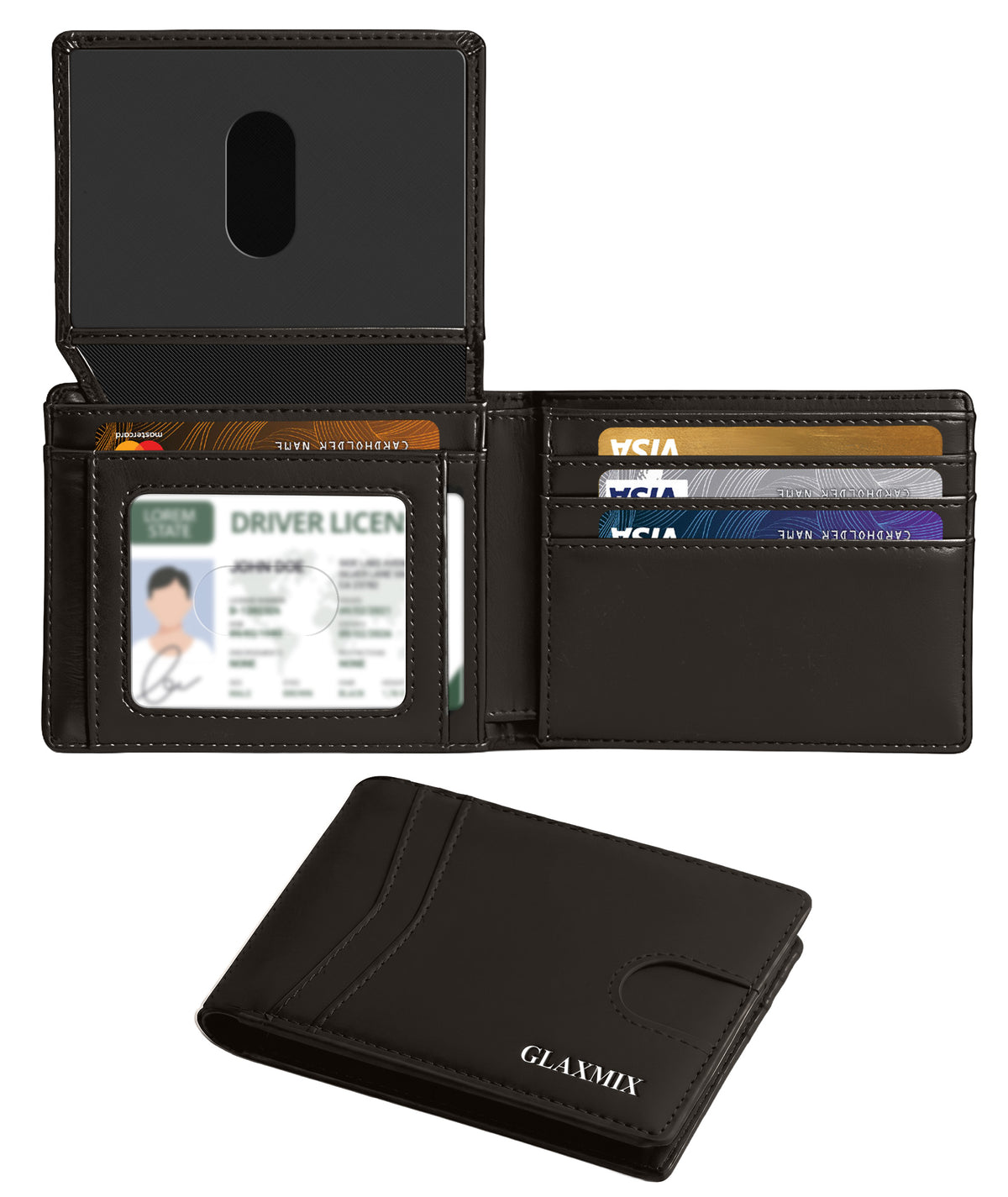 Front view of the GLAXMIX vintage leather bifold wallet in dark brown, open and closed