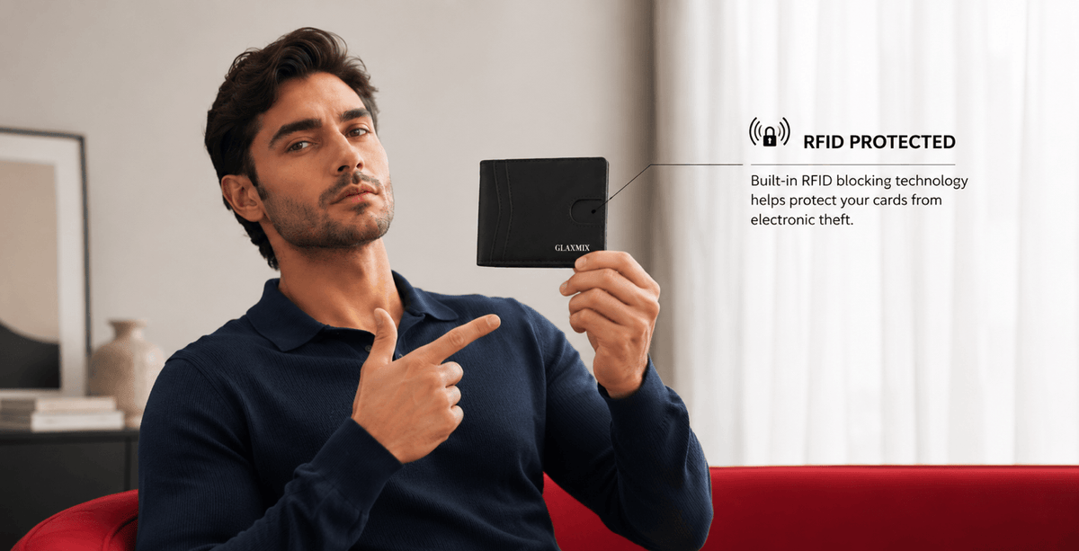 Man in a navy shirt holding up a black GLAXMIX wallet, with a callout noting its RFID protection