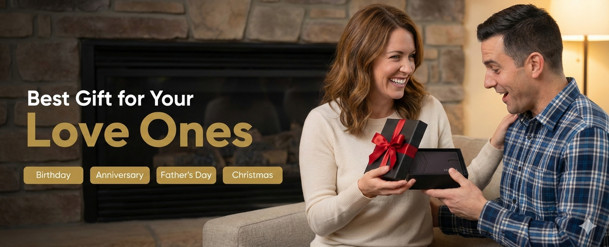 Woman giving a man a GLAXMIX wallet in a gift box tied with a red ribbon