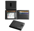 GLAXMIX carbon fibre-pattern bifold wallet in black, shown open with ID window and cards, and closed