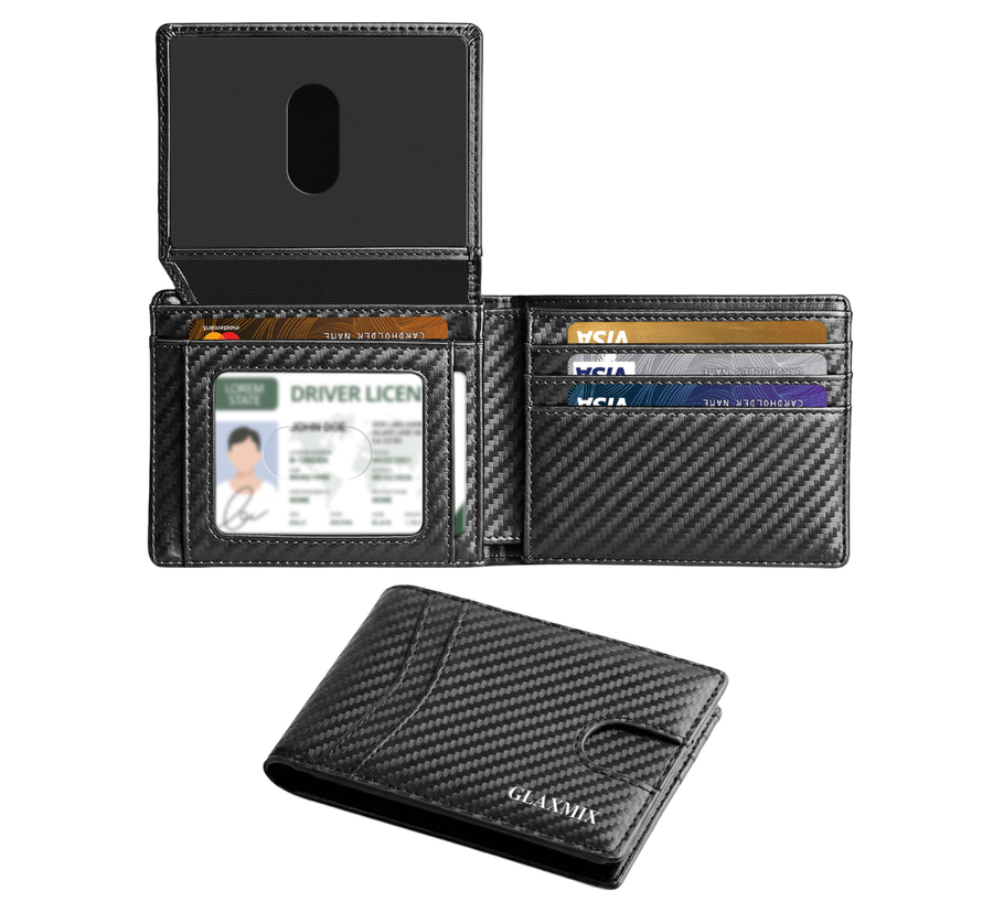 GLAXMIX carbon fibre-pattern bifold wallet in black, shown open with ID window and cards, and closed