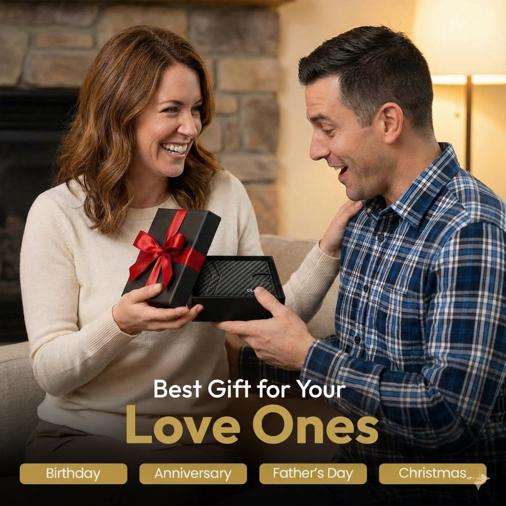 Woman giving a man a GLAXMIX wallet in a black gift box tied with a red ribbon
