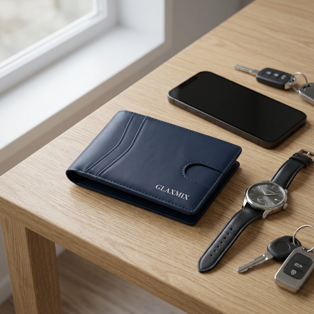 Royal blue GLAXMIX leather bifold wallet on a timber table beside a phone, watch and car keys