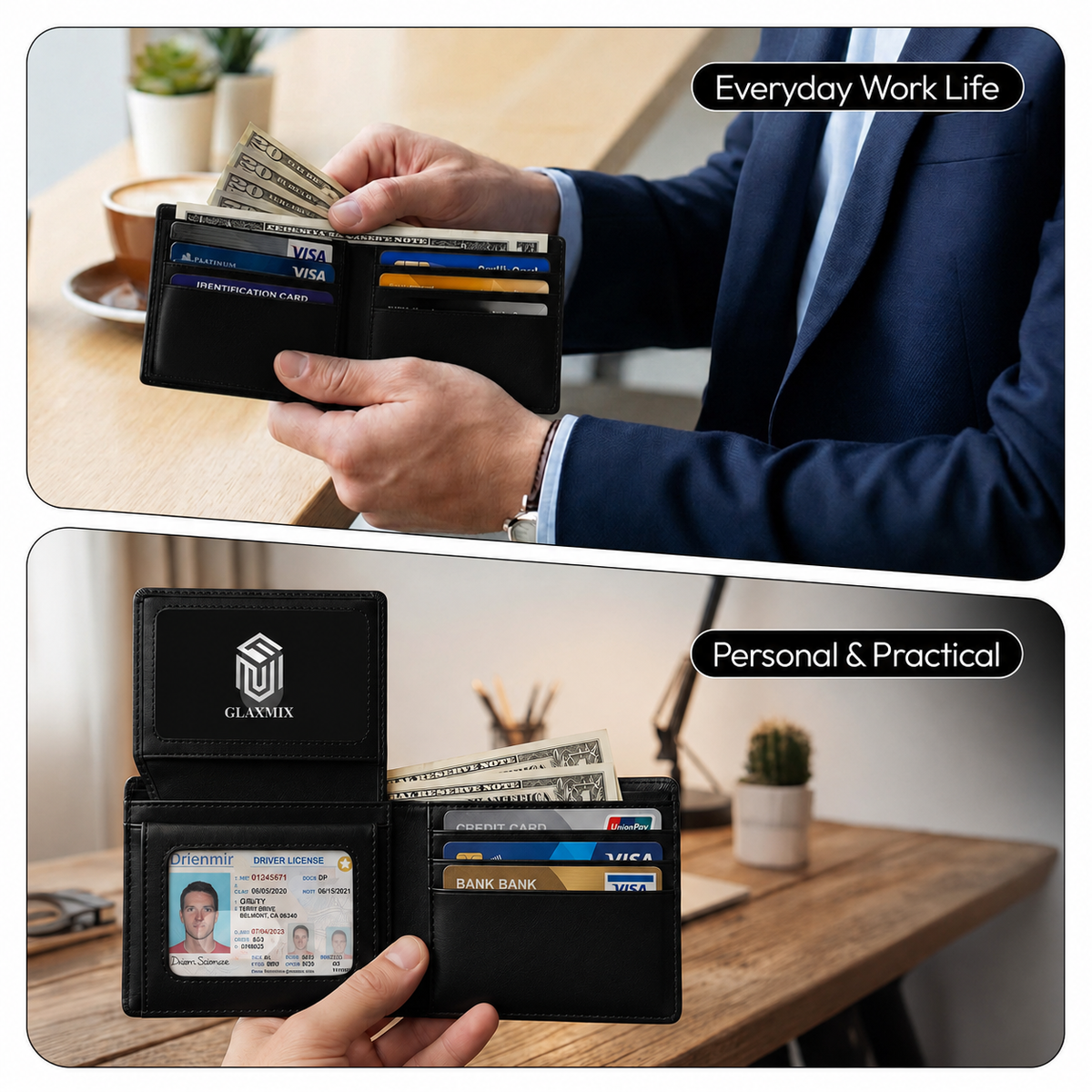 Man in a suit taking cash from a black GLAXMIX bifold wallet, and the wallet open on a desk showing its flip-up ID window