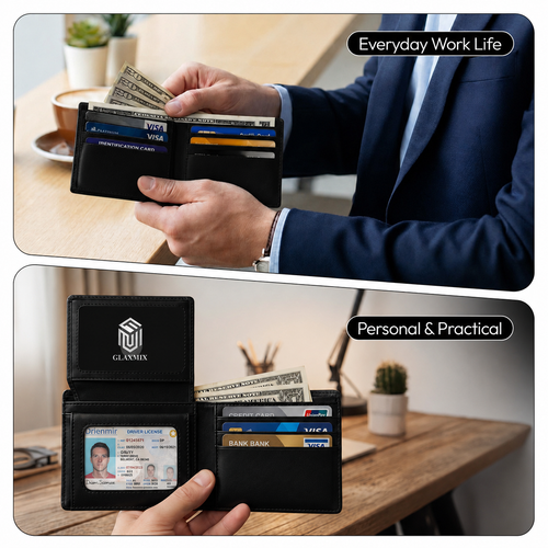Man in a suit taking cash from a black GLAXMIX bifold wallet, and the wallet open on a desk showing its flip-up ID window