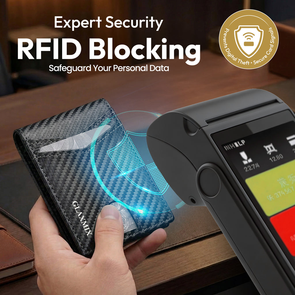 Black GLAXMIX carbon fibre-pattern wallet held near a card payment terminal to illustrate RFID blocking