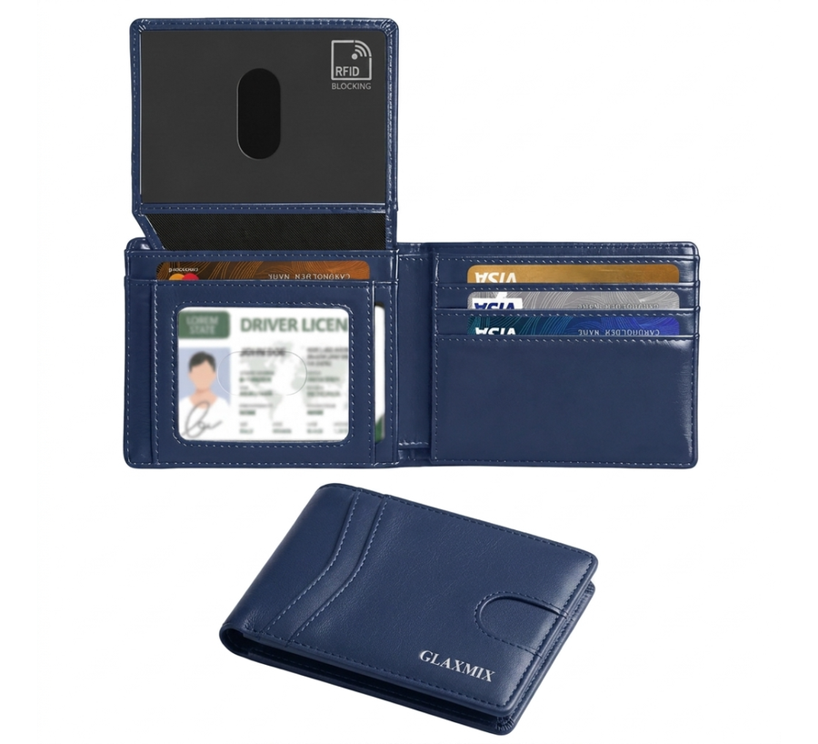 GLAXMIX genuine leather bifold wallet in royal blue, shown open with ID window and cards, and closed
