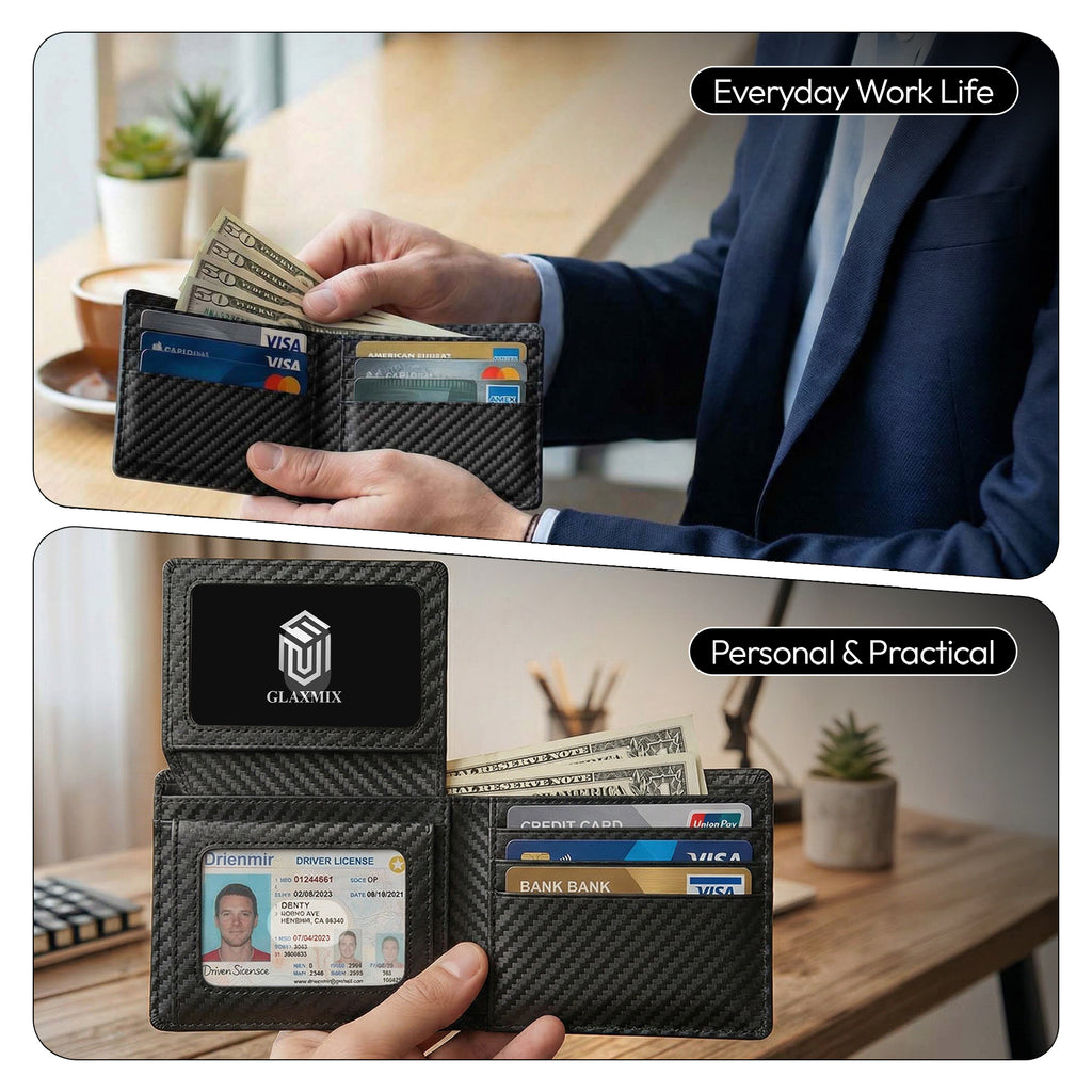 Man in a suit taking cash from a GLAXMIX carbon fibre-pattern wallet, and the wallet open on a desk showing its ID window
