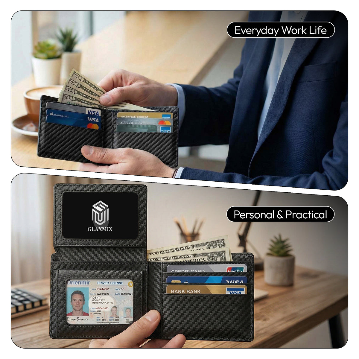 Man in a suit taking cash from a GLAXMIX carbon fibre-pattern wallet, and the wallet open on a desk showing its ID window