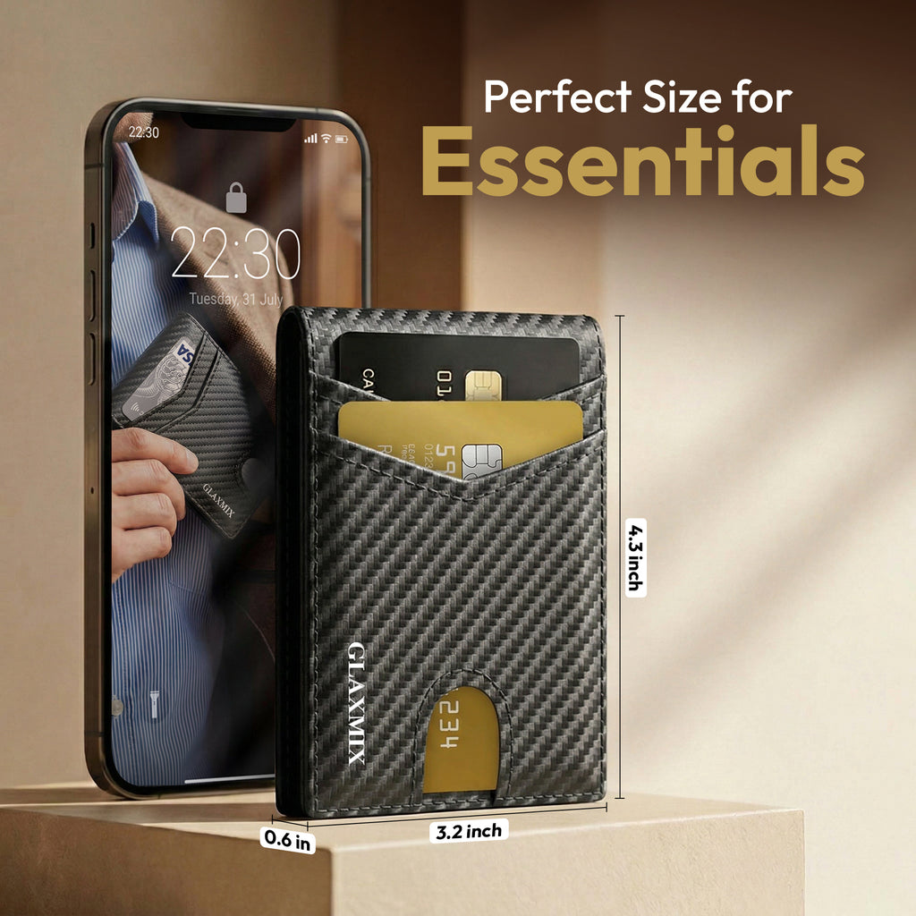 GLAXMIX carbon fibre-pattern wallet standing beside a smartphone, labelled 4.3 x 3.2 x 0.6 inches