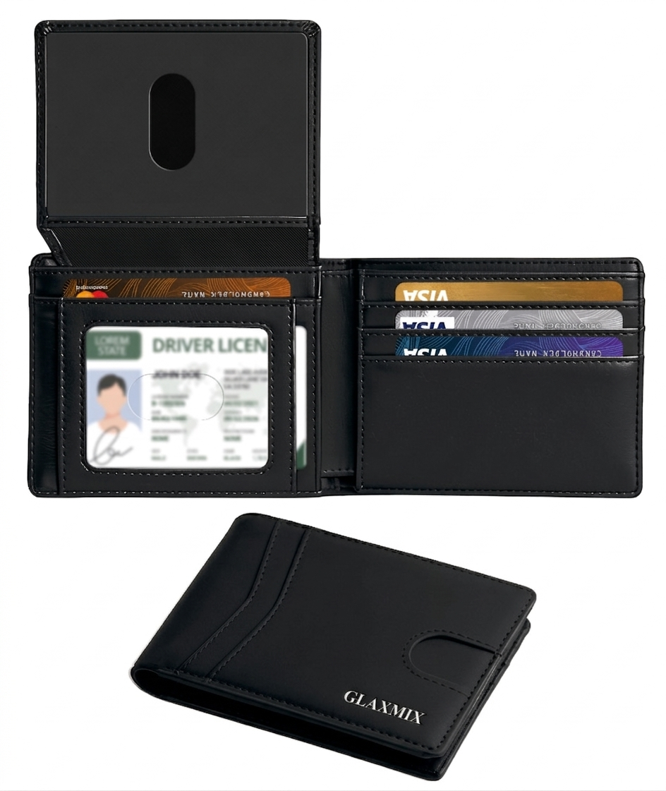GLAXMIX vintage crazy horse leather bifold wallet in black, shown open with ID window and cards, and closed