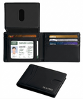 GLAXMIX vintage crazy horse leather bifold wallet in black, shown open with ID window and cards, and closed
