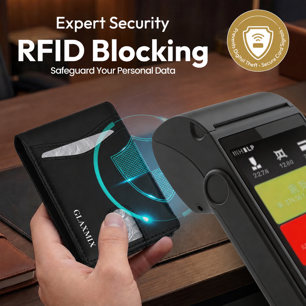 Black GLAXMIX wallet held near a card payment terminal to illustrate RFID blocking