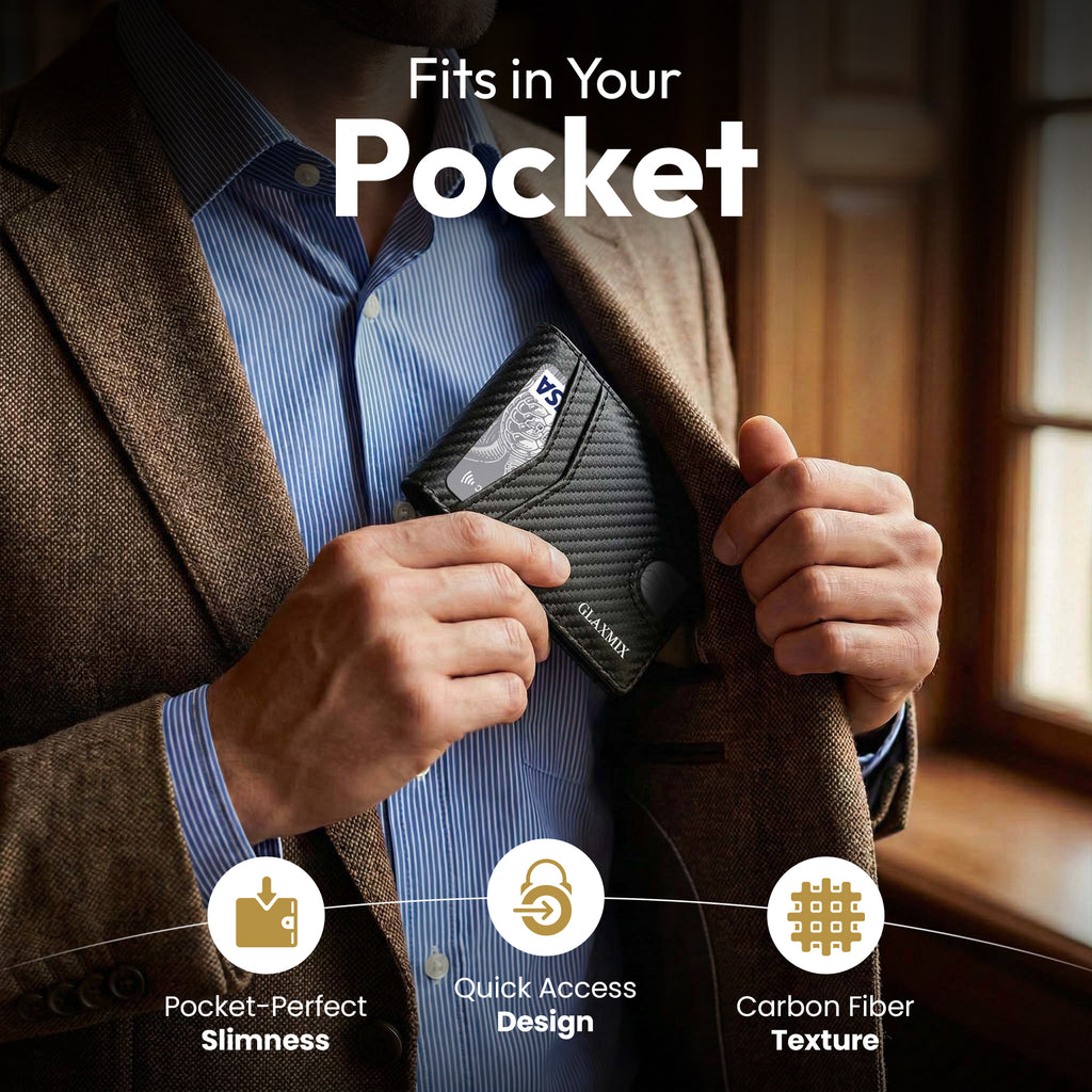 Man slipping a GLAXMIX carbon fibre-pattern wallet into the inside pocket of his jacket
