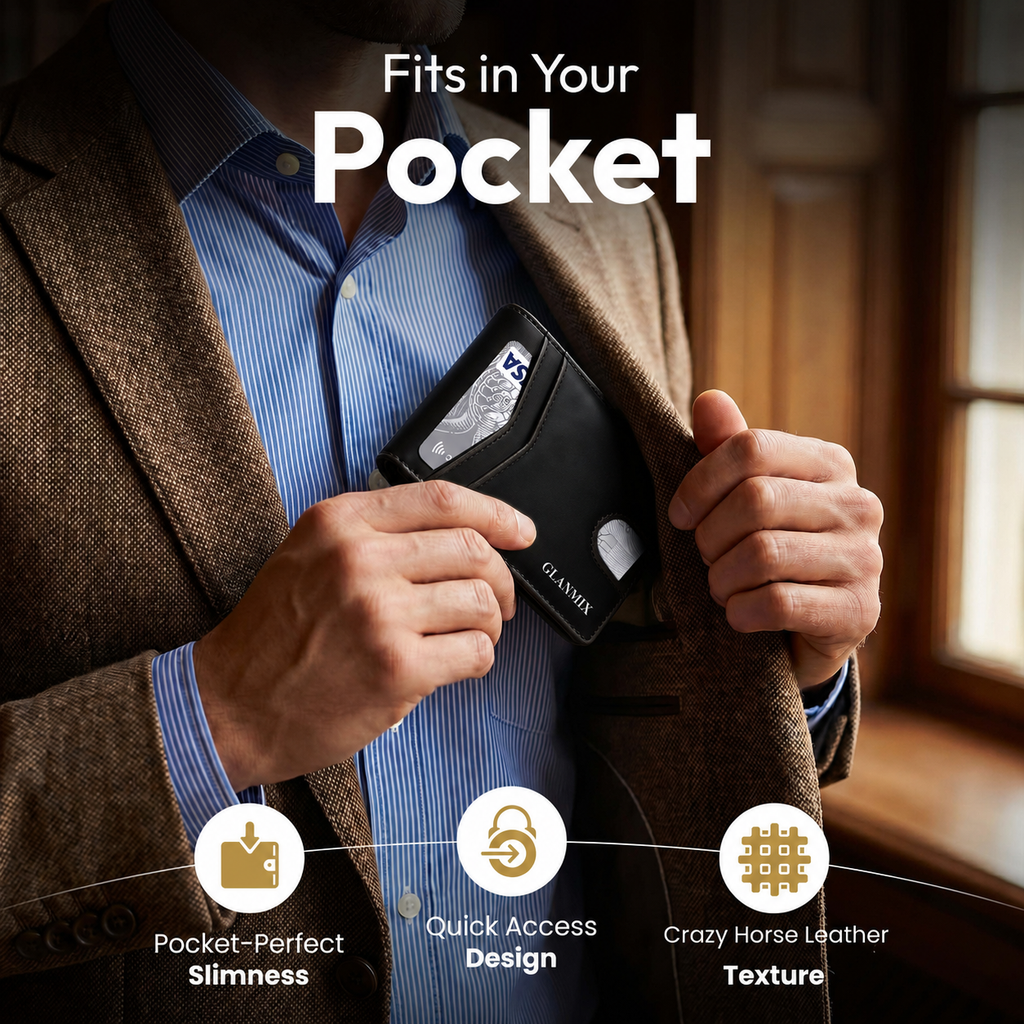 Man slipping a black GLAXMIX crazy horse leather wallet into the inside pocket of his jacket