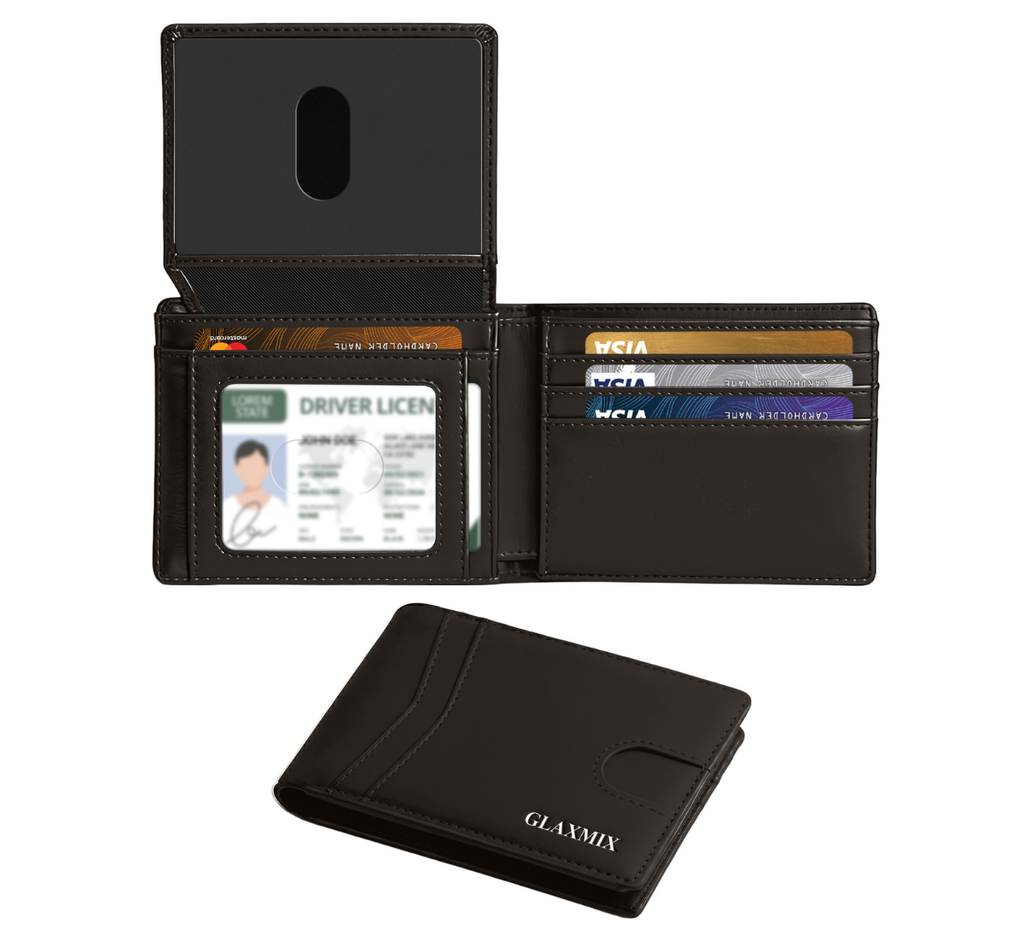 GLAXMIX vintage crazy horse leather bifold wallet in dark brown, shown open with ID window and cards, and closed
