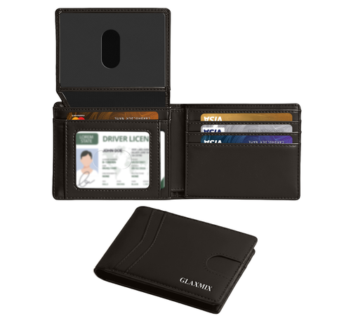GLAXMIX vintage crazy horse leather bifold wallet in dark brown, shown open with ID window and cards, and closed