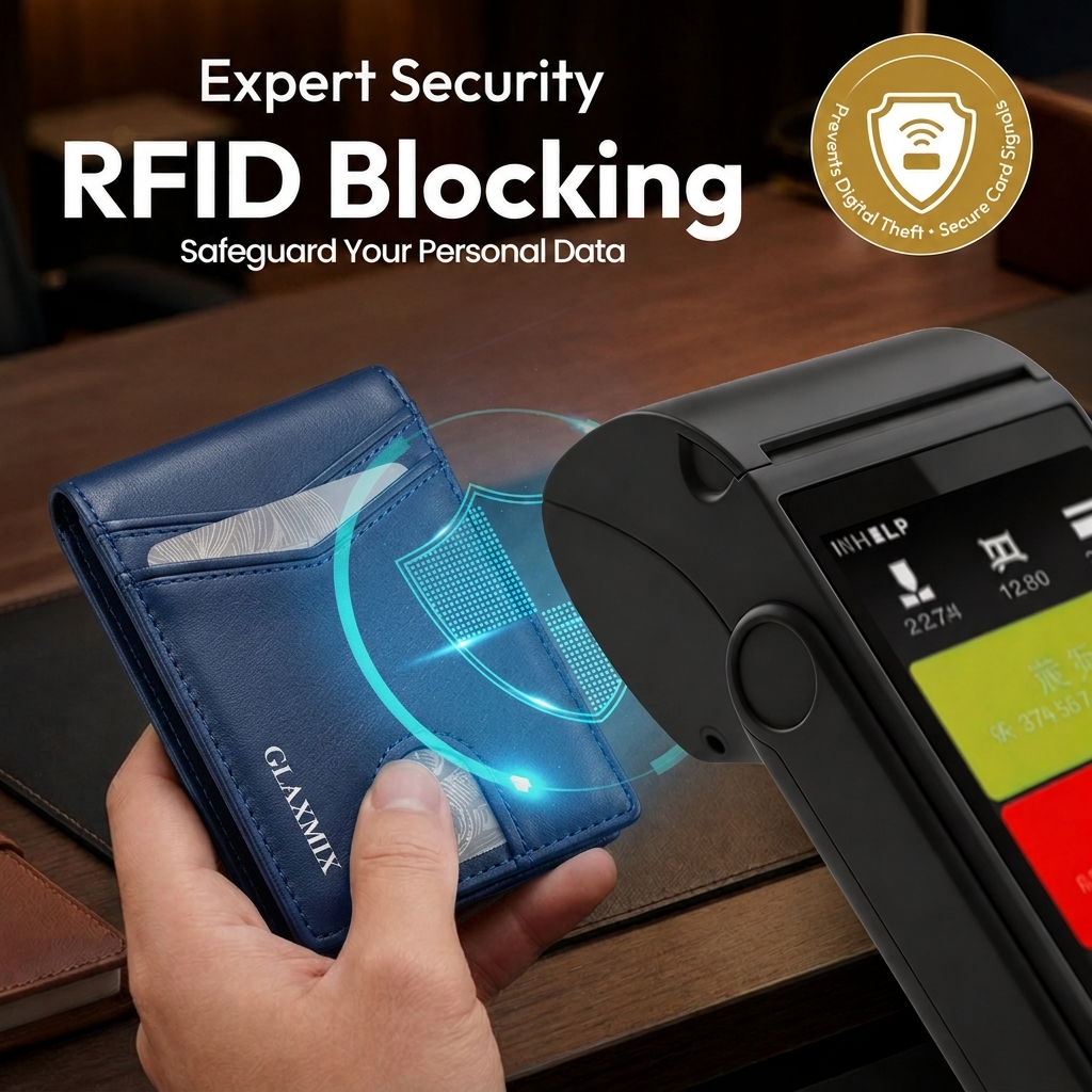 Royal blue GLAXMIX leather wallet held near a card payment terminal to illustrate RFID blocking