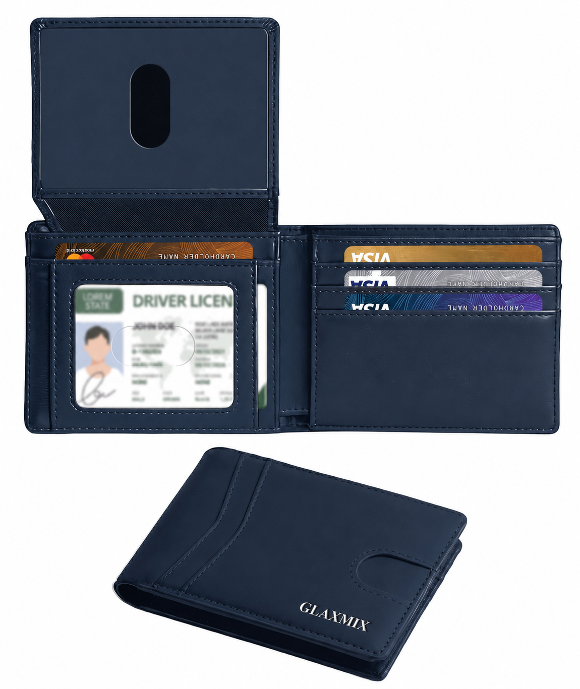 GLAXMIX vintage crazy horse leather bifold wallet in navy blue, shown open with ID window and cards, and closed