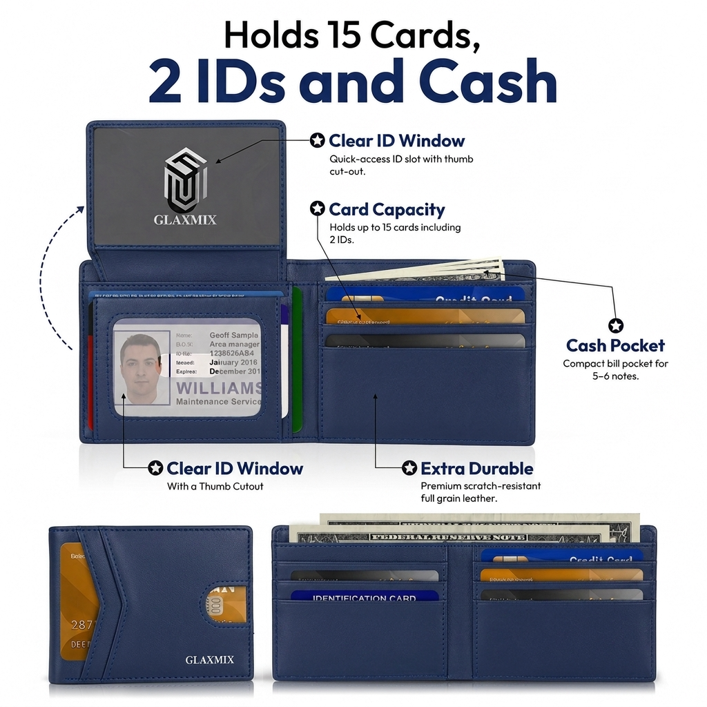 Diagram of the GLAXMIX genuine leather wallet layout: two clear ID windows, card slots for up to 15 cards and a cash pocket